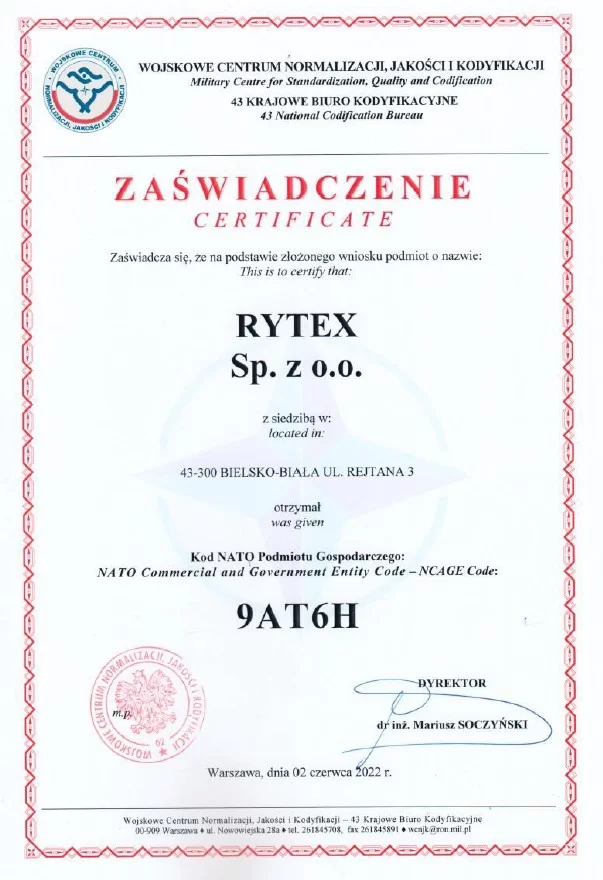 Zaświadczenie firmy Rytex produkującej tkaniny wełniane.